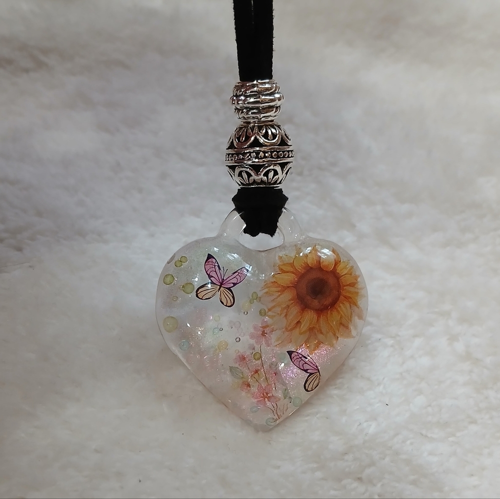 Sunflower Heart Pendant Necklace with Butterflies - Women Jewelry